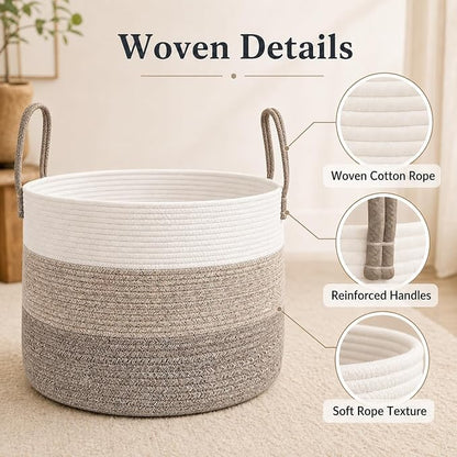 JMvicyroam 65L Extra Large Blanket Basket for Living Room - Woven Cotton Rope Laundry Hamper with Reinforced Handles - Storage Bin for Pillows, Comforters & Toys - Machine Washable,White&Brown Mix