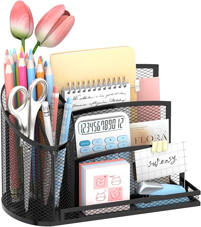 SUPEASY Desk Organizer with 3 Compartment Pen Holder, 3-Slot Mail Organizer and Flower Tube, Metal Mesh Bill Organizer for Pencil, Envelope, Letter and Office Supplies, Black