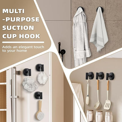 Suction Cup Hooks for Shower - Bathroom Reusable Hooks for Towels, Robes & Loofah - No-Drill Mounting on Kitchen,Walls,Metal,Glass,Mirrors,Tile & Smooth Non-Porous Surfaces (2, Matte Black)