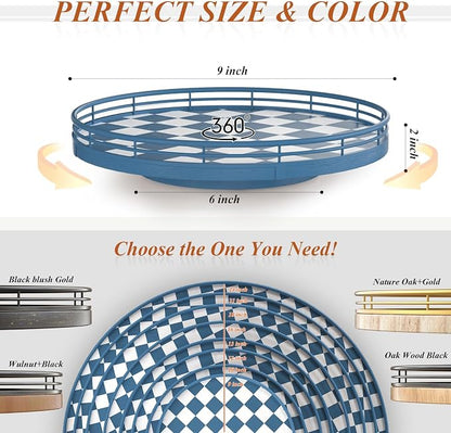 Premium Rubber Wood Lazy Susan Turntable, Blue White Checkerboard Decorative Serving Tray, Hand-Welded Metal Railing, Stable Rotating Organizer for Dining Table, Kitchen Counter, Coffee Table Decor