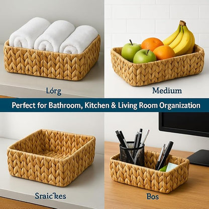 Natural Water Hyacinth Storage Baskets, 3-Piece Handwoven Nesting Organizer Set, Decorative Woven Containers for Bathroom, Kitchen, Living Room (1 Detachable Square Basket)