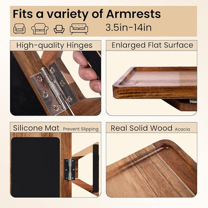 Acacia Wood Couch Arm Tray,Folding Sofa Armrest Tray,Couch Arm Table Clip-On Couch Desk for Drinks, Snacks,Phone,Remote Control