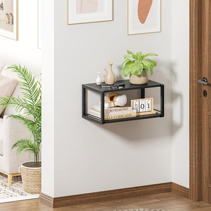 Floating Nightstand, Wood Bedside Shelf Wall Mounted Nightstand with Heavy-Duty Frame, Floating Bedside Table for Bedroom, Bathroom, Kitchen, (Vintage Black, 1 Pack)