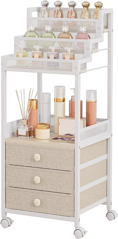 Makeup Organizer Storage with Drawers, 13 Inch Bathroom Stand Large Floor Rolling Skincare Organizer Cart, 3-Tier Vanity Tray Stand for Cosmetics, Nail Polish, Perfume Display Cases Holder
