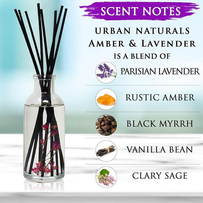 Urban Naturals Amber & Lavender Reed Diffuser Scented Sticks Set | (Awaken + Renew) Mind & Body Aromatherapy Collection | Essential Oil Botanical Diffusing Room Scent