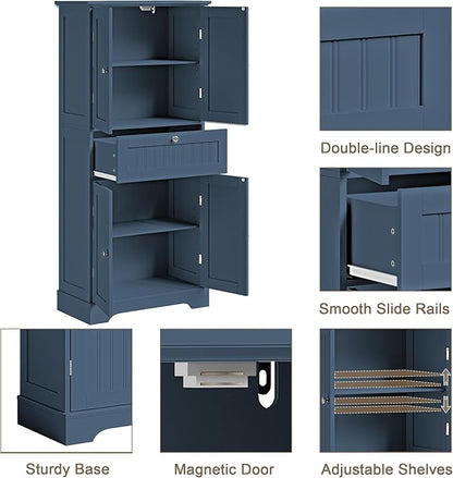 ChooChoo 51" H Tall Bathroom Floor Cabinet, Modern Bathroom Storage Cabinet with Drawer and Adjustable Shelves, Freestanding Kitchen Pantry Cupboard with 4 Doors for Living Room, Blue