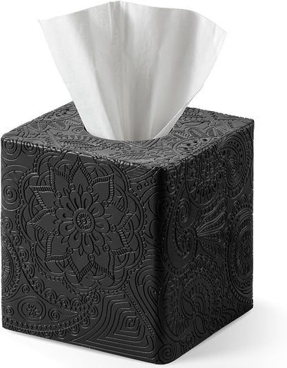 Square Tissue Box Cover Decorative,Napkin Dispenser,Facial Paper Holder for Bathroom Vanity Countertop,Bedroom Dresser,Night Stand, Desk, Office and End Table,Boho Flowers Black