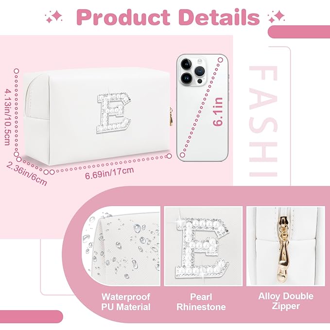 Bride Gifts – Personalized Initial Makeup Bag with Pearl Rhinestone Patch, Preppy White Monogram Cosmetic/Toiletry Pouch, bridesmaid Gifts, Bridal Shower Gifts, Wedding Gifts, Bridal Gifts,E
