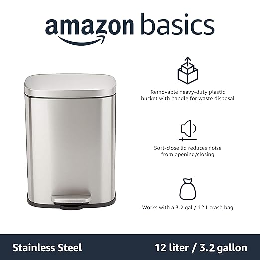 Amazon Basics Smudge Resistant Small Rectangular Step Pedal Trash Can with Soft-Close Lid, Removable Inner Bucket, Brushed Stainless Steel, 12 Liter/3.1 Gallon, Satin Nickel Finish
