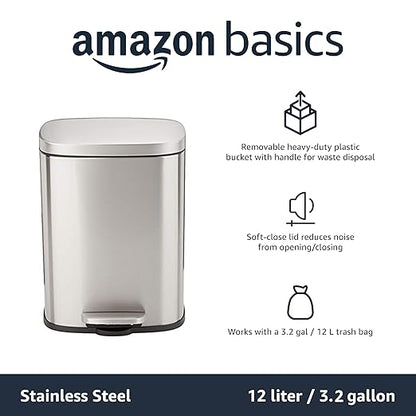 Amazon Basics Smudge Resistant Small Rectangular Step Pedal Trash Can with Soft-Close Lid, Removable Inner Bucket, Brushed Stainless Steel, 12 Liter/3.1 Gallon, Satin Nickel Finish