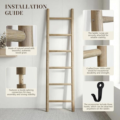 Wooden Blanket Ladder - 76in Natural Wood Color- Leaning Wall Decor for Bedroom, Bathroom, Living Room - Rustic Quilt Holder (Brown (Knock Down), 76in | Knock Down)