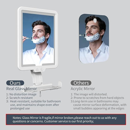 Lighted Shower Mirror Fogless for Shaving, Heated Fog Free Large 9.5*7inch 3 Color Modes Dimming Shower Shaving Mirror with Light, Rechargeable Anti-Fog Shower Mirror with Storage Tray & Razor Holders