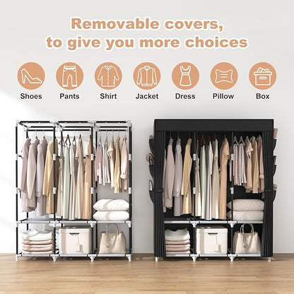 VTRIN Portable Closet for Hanging Clothes 52 Inch Wide Portable Wardrobe Closet with Cover, 6 Storage Shelves and 3 Hanging Rod, Diameter 19mm Metal Pipe, Sturdy Closet for Bedroom, Black