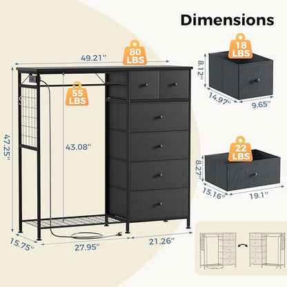 OLIXIS 6 Storage for Bedroom with Hanging Rack with LED Lights & Charging Station, Fabric Chest of Storage with Rack, Wooden Top, for Home Living Room Entryway Grey