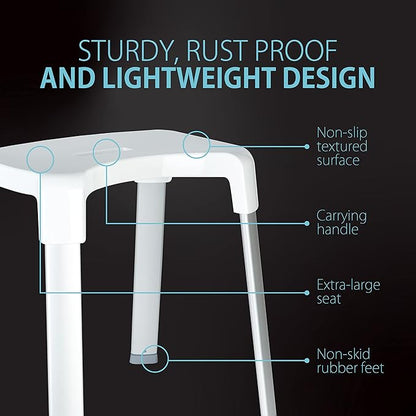 Better Living Smart 4 Shower Bench for Inside the Shower, Shower Stool for Shaving Legs & to Sit On, Rustproof Non-slip Stool with Durable Aluminum Legs, Waterproof Shower Bench, White