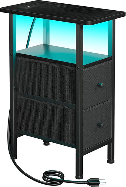 Narrow End Table Living Room with Charging Station, Skinny Side Table with Fabric Drawers, Slim LED Nightstand for Bedroom, Small Spaces, Couch, Black, HETNDP02LBK-1