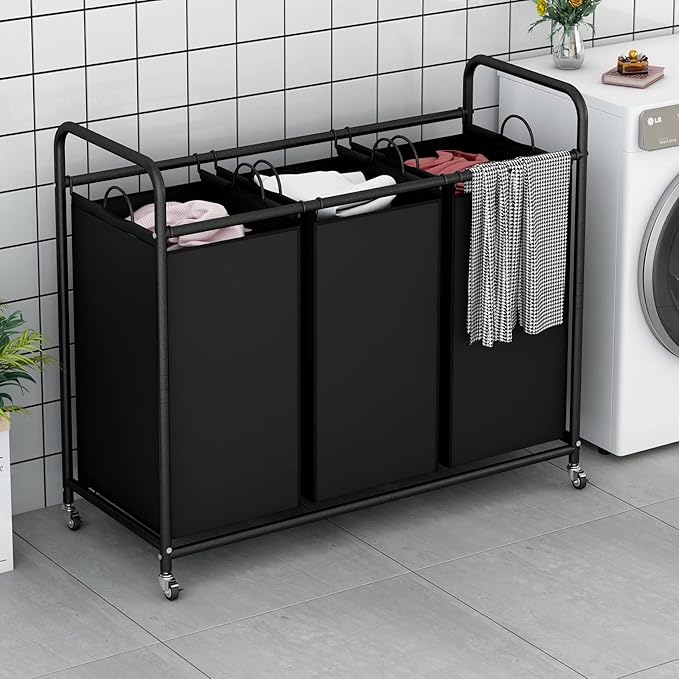 LINZINAR 3-Bag Laundry Basket, Black Laundry Hamper, Laundry Sorter Cart Laundry Room Organization with Heavy Duty Rolling Lockable Wheels and Removable Bags (135 L, 35.6 Gal)