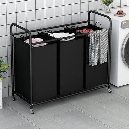 LINZINAR 3-Bag Laundry Basket, Black Laundry Hamper, Laundry Sorter Cart Laundry Room Organization with Heavy Duty Rolling Lockable Wheels and Removable Bags (135 L, 35.6 Gal)