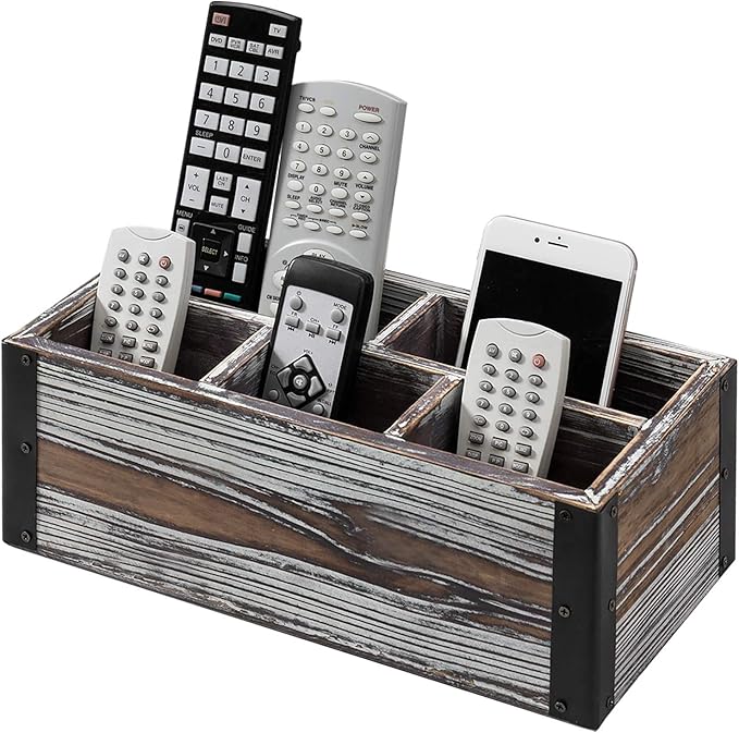 MyGift Remote Control Holder with 5-Compartment, Media Storage Organizer Remote Caddy with Black Metal Corner Wraps, for Table, Desk, Rustic Torched Wood