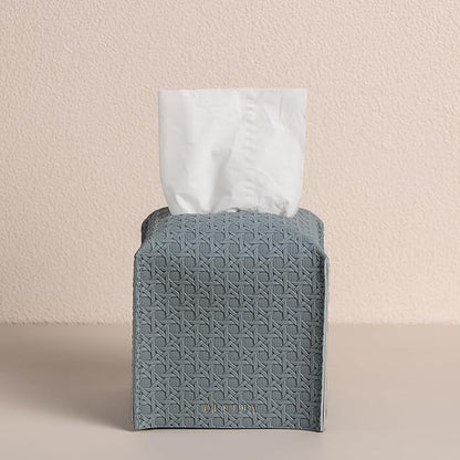 OLETHA Square Tissue Box Cover - Aesthetic Desk Decor for Room, Home & Office - Tissues Cube Boxes Holder - Lattice Patterns, Ash Blue