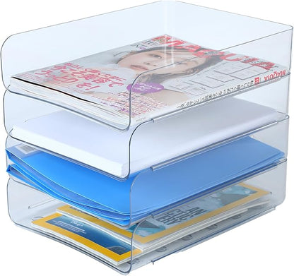 (4pcs Pack) HKeeper Stackable Paper Trays,Letter Tray Organizer,Office Desktop Organizer,A4 Paper Holder,Supplies Magazine,File Documents,Receipts(Clear,Regular)