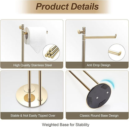 BVL Toilet Paper Holder Stand in Gold, SUS304 Stainless Steel, Weighted Base, Holds 5 Jumbo Rolls, Waterproof Pad, Compact Space-Saving Design with Built-in Hook for Modern Bathroom Storage