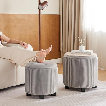 BLEXA Big Round Ottoman with Storage Set of 2,Upholstered Velvet Vanity Stool for Makeup Multifunctional Foot Rest Coffee Table Padded Seat Tufted Ottomans for LivingRoom&Bedroom (Large Grey)