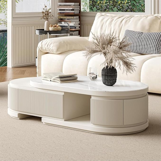 Modern Marble Coffee Table with Storage Drawers, Extendable Solid Wood Coffee Tables for Living Room, Fully Assembled Fluted Oval Center Table, No Installation Needed, White Finish