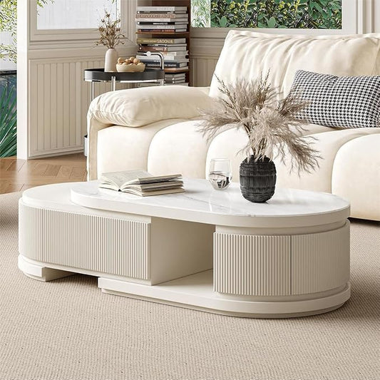 Modern Marble Coffee Table with Storage Drawers, Extendable Solid Wood Coffee Tables for Living Room, Fully Assembled Fluted Oval Center Table, No Installation Needed, White Finish