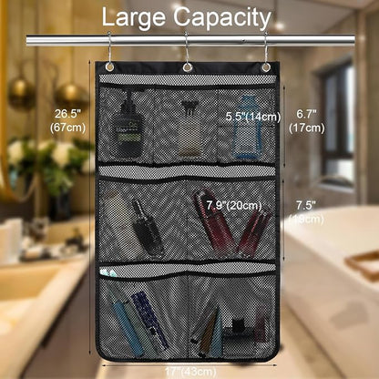GYEUKHAM Mesh Shower Caddy Hanging Organizer with 7 Pockets and Hooks, Portable Quick Dry Bathroom Storage for College Dorm, Cruise, RV, Gym, Travel Toiletry Bag, Black, 1 Pack