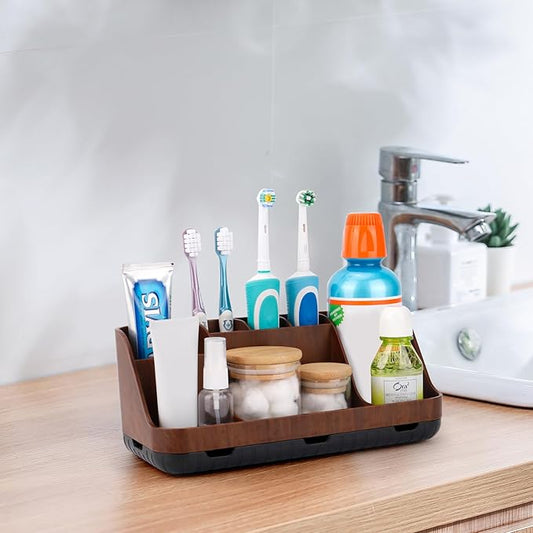 GFWARE Wood Toothbrush Holders for Bathrooms Countertop Organizer - Detachable 7 Slots Kid Bathroom Decor and Accessories, Wooden Bathroom Sink Storage Organization, Caddy, Tray, Brown