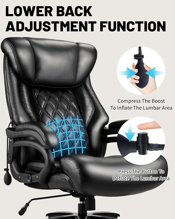 800lbs Executive Chairs, Executive Office Chairs for Big and Tall with Adjustable Lumbar Support, Office Chair for Heavy People, Leather Desk Chairs with Quiet Rubber Wheel and Extra Wide seat