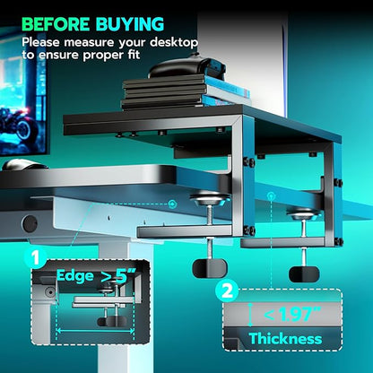 ARES WING Desk Shelf Extender, 15 inches 3 in 1 Clamp on Desk Shelf with Phone & Headset Holders, Heavy Duty Desktop Organizer for Gaming and Office Accessories, Black