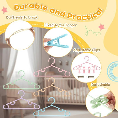 Hsei 5/10/40 Pack Baby Hangers with 10/20/80 Clips, Plastic Kids Pants Hangers for Nursery Closet Top and Bottom Clothes Hanger Set for Newborn Infant Toddler(15 Packs Total,Macaron Color,10.6 Inch)