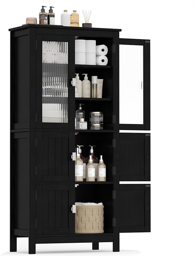 Akxomel 53.1" H Tall Bathroom Storage Cabinet, Bathroom Floor Cabinet with 6 Doors and Adjustable Shlef, Linen Cabinet, Pantry Cabinet for Living Room, Kitchen, Entryway, Black