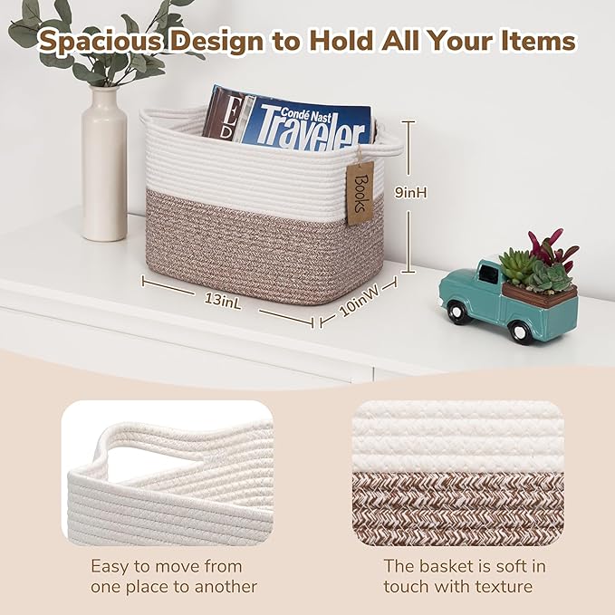 Goodpick Woven Storage Basket, Cotton Rope Baskets for Toys, Books, Small Baby Laundry Baskets with Handles, Rectangle Dog Toy Basket for Living Room, 13 x 10 x 9 Inches