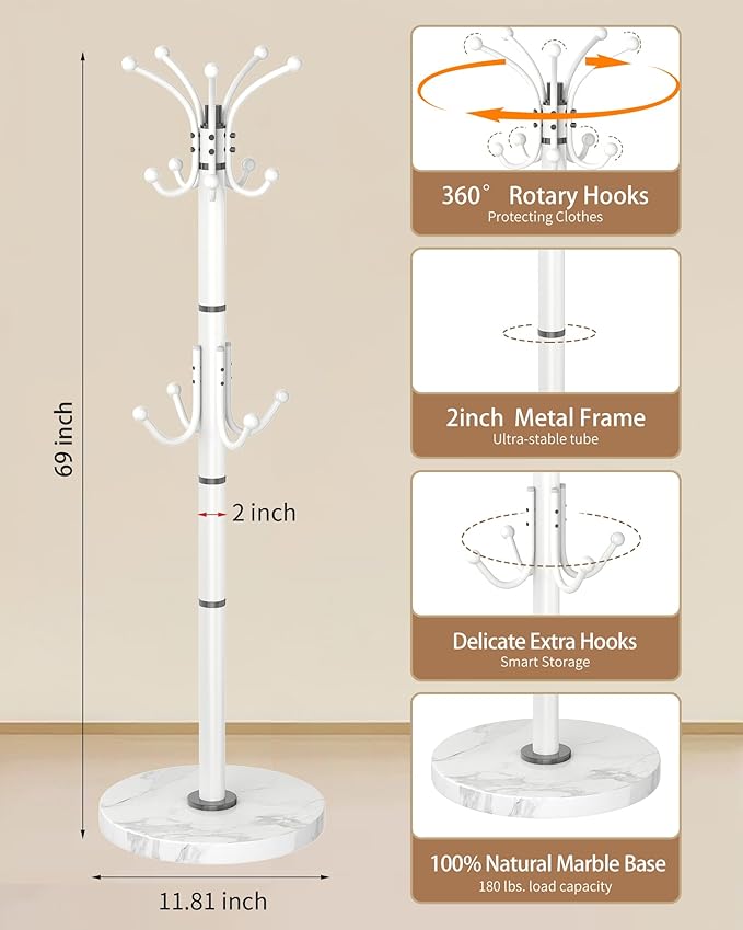EZIVIEZ Modern Coat Rack Stand, 360° Rotary Metal Freestanding Coat Rack with Natural Marble Base, White Coat Racks and Coat Hanger Tree Jacket Stand with 14 Hooks for Office, Entryway, Hallway