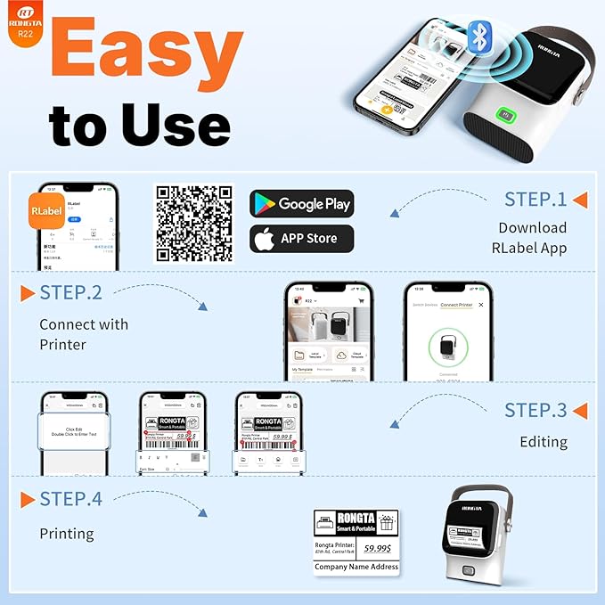Rongta Bluetooth Label Maker Machine with Tape, Thermal Label Printer for Office, Small Business Essentials, Home Organization, Portable Inkless Sticker Label Maker with 2x1.18 inch Labels