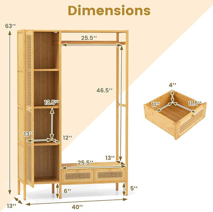 Giantex Bamboo Clothes Rack with Shelves, Freestanding Garment Rack w/Rattan Door, Hanging Rod, Storage Shelf, 2 Drawers, 7-Tier Heavy Duty Wardrobe Closet Organizer w/Cabinet for Entryway Bedroom