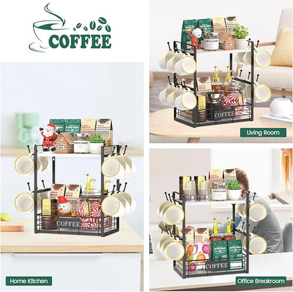 EsLuker.ly Coffee Mug Cup Holder Tree Bar Station Organizer, 2 Tier Mug Stand Rack for Countertop Kitchen, Storage Tower Display Shelf with 12 Hooks, Coffee Nook Enhancer, White-Black