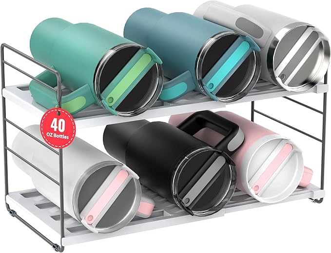 YAN & HIN Expandable Water Bottle Organizer for Cabinet, 3 Tier Tumbler Organizer, Adjustable Bottle Holder for Stanley, Hydro Flask, Kitchen Pantry Storage Rack (2 Pack)