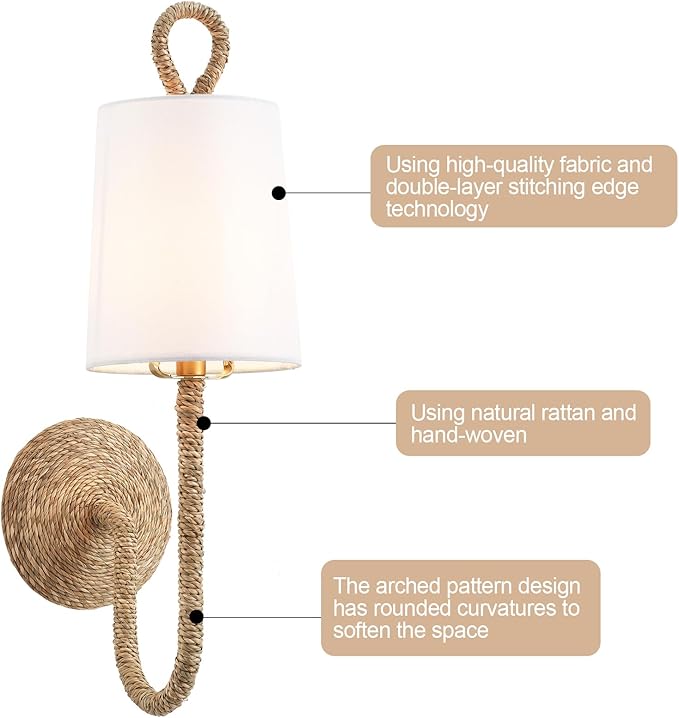 Natural Rattan Wall Sconce Set of 2, with Boho Woven Wicker and Creamy-White Fabric Shade for Vanity Stairway Fireplace Living Room Bedside Passway Hallway