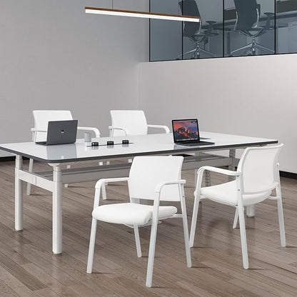 CLATINA Stacking Office Chairs | Mesh Back, Thicken Leather Seat and Arms, Ergonomic Lumbar Support | Guest Reception, Waiting, Conference, School, Party, Customer, Side, Stationary | Set of 4, White