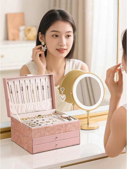 Jewelry Organizer Box, Large Jewelry Boxes for Women, 3-Layer Jewelry Holder Organizer for Necklace Earrings Rings Bracelets Storage, Gift for Her Mom