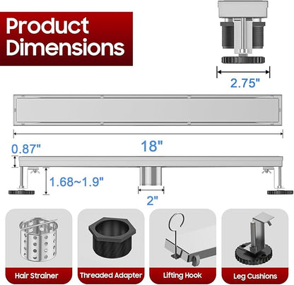DLONE Linear Shower Drain | 18" AISI 304 Stainless Steel Shower Drain, Brushed Nickel Linear Drain with Tile Insert Panel & Adjustable Feet, Long Rectangle Shower Floor Drain in Bathroom, Balcony etc