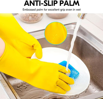 Vgo... 3-Pairs Reusable Household Gloves, Rubber Dishwashing gloves, Extra Thickness, Long Sleeves, Kitchen Cleaning, Working, Painting, Gardening, Pet Care (Size L, Yellow, HH4601)