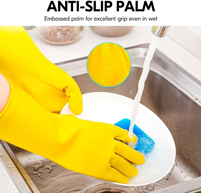 Vgo... 2-Pairs Reusable Household Gloves, Rubber Dishwashing gloves, Extra Thickness, Long Sleeves, Kitchen Cleaning, Working, Painting, Gardening, Pet Care (Size L, Yellow, HH4601)