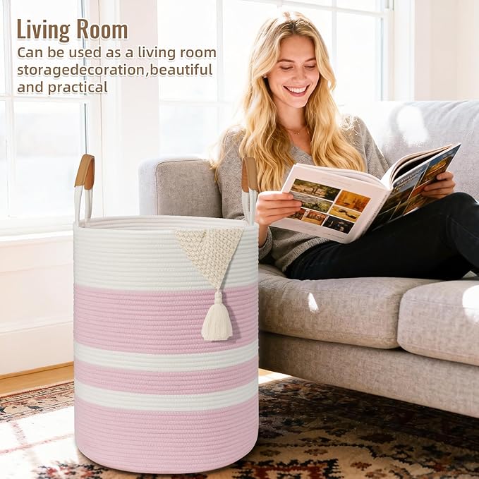 Degeyoyo 60L Striped Laundry Basket, Pink Laundry Hamper with Leather Handles, Woven Cotton Rope Storage Bin for Blankets, Nursery Hamper for Clothes, Toys In Bathroom, Livingroom, Bedroom