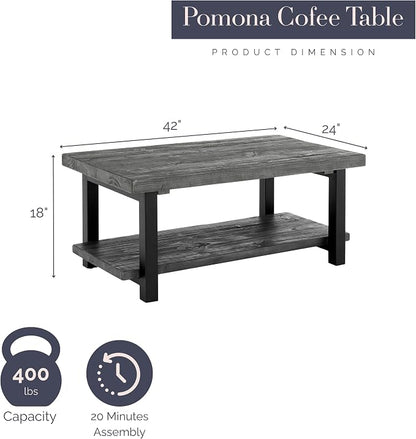 Pomona 42-Inch Rectangular Solid Wood Coffee Table with Storage Shelf & Metal Legs – Modern Rustic Industrial Living Room Table by Alaterre Furniture (Slate Grey)