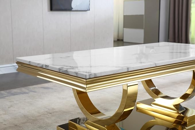 1 Piece Living Room Coffee Table Luxury Faux Marble Center Table, Modern White Gold Coffee Table with Double O Shape Stainless Steel Pedestal Base,1 Table Only